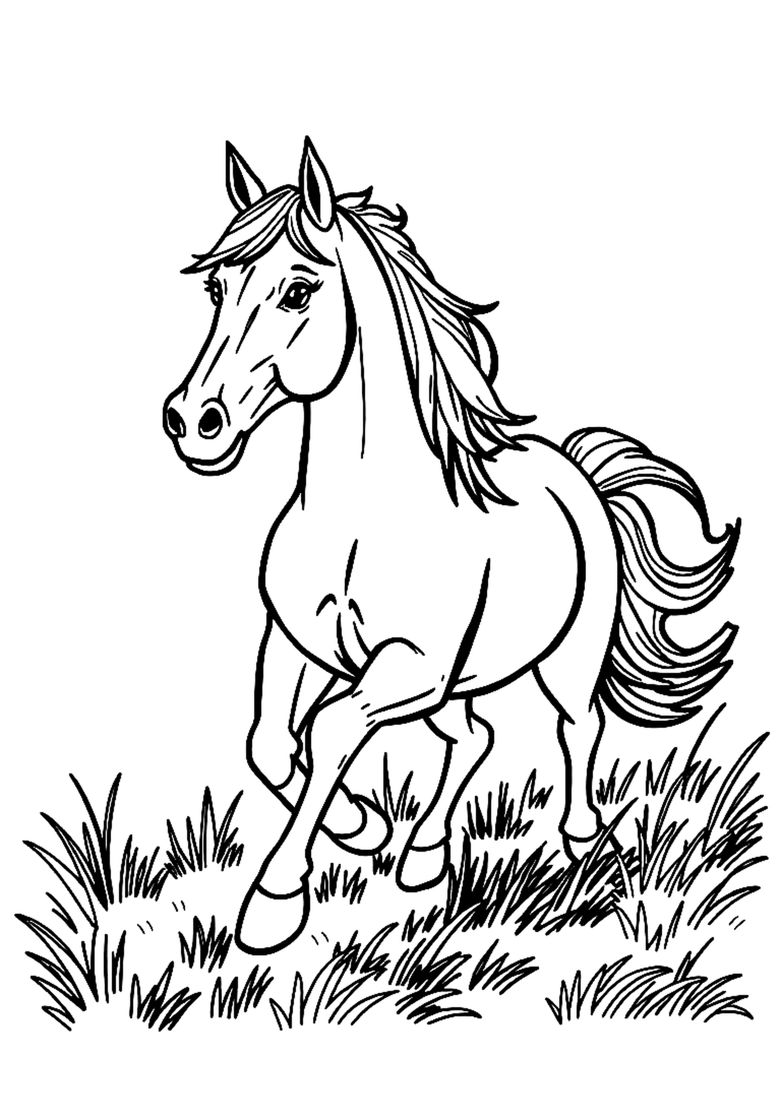 Horse galloping across a green field with flowing mane