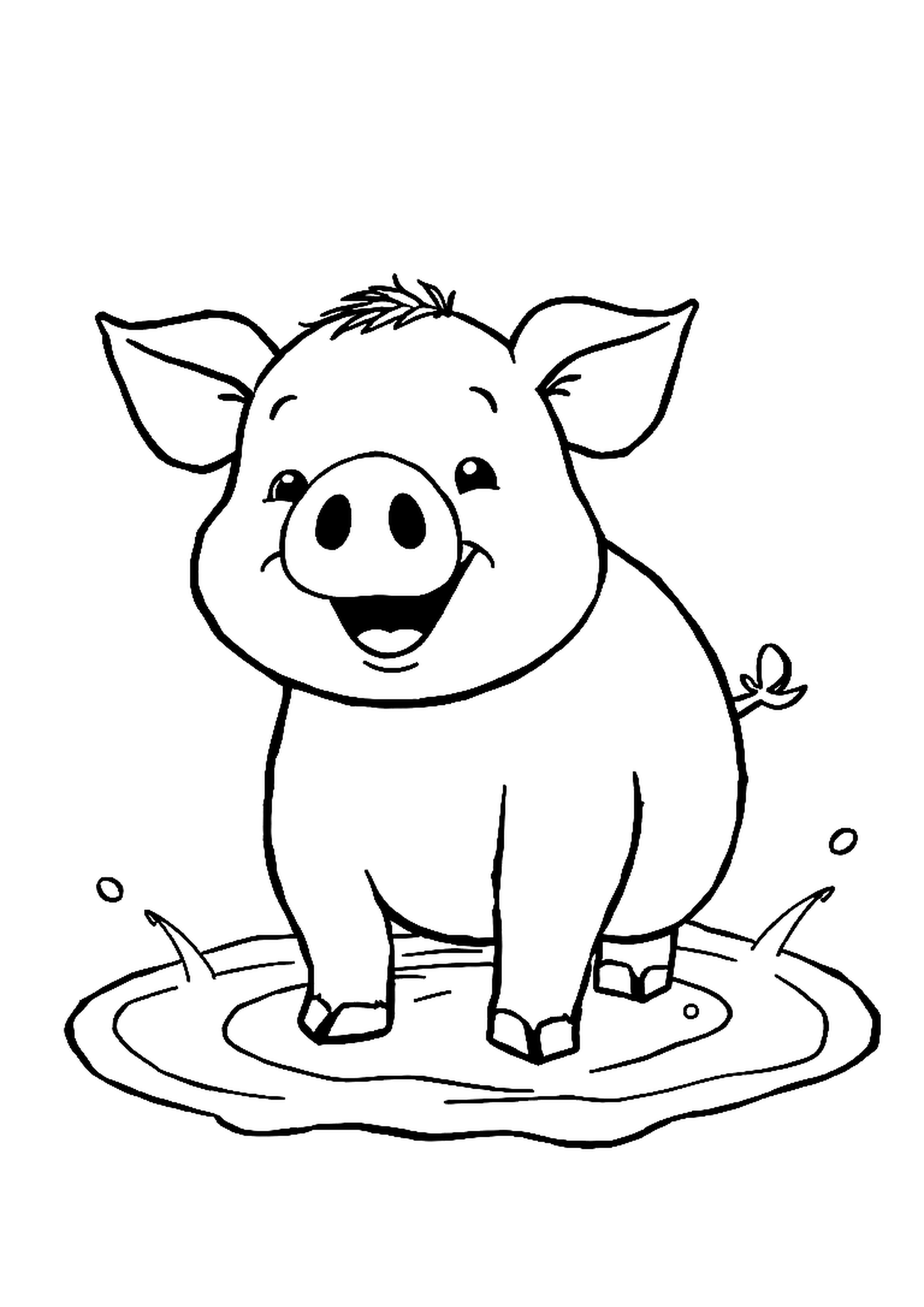 Pig rolling happily in a mud puddle on a farm