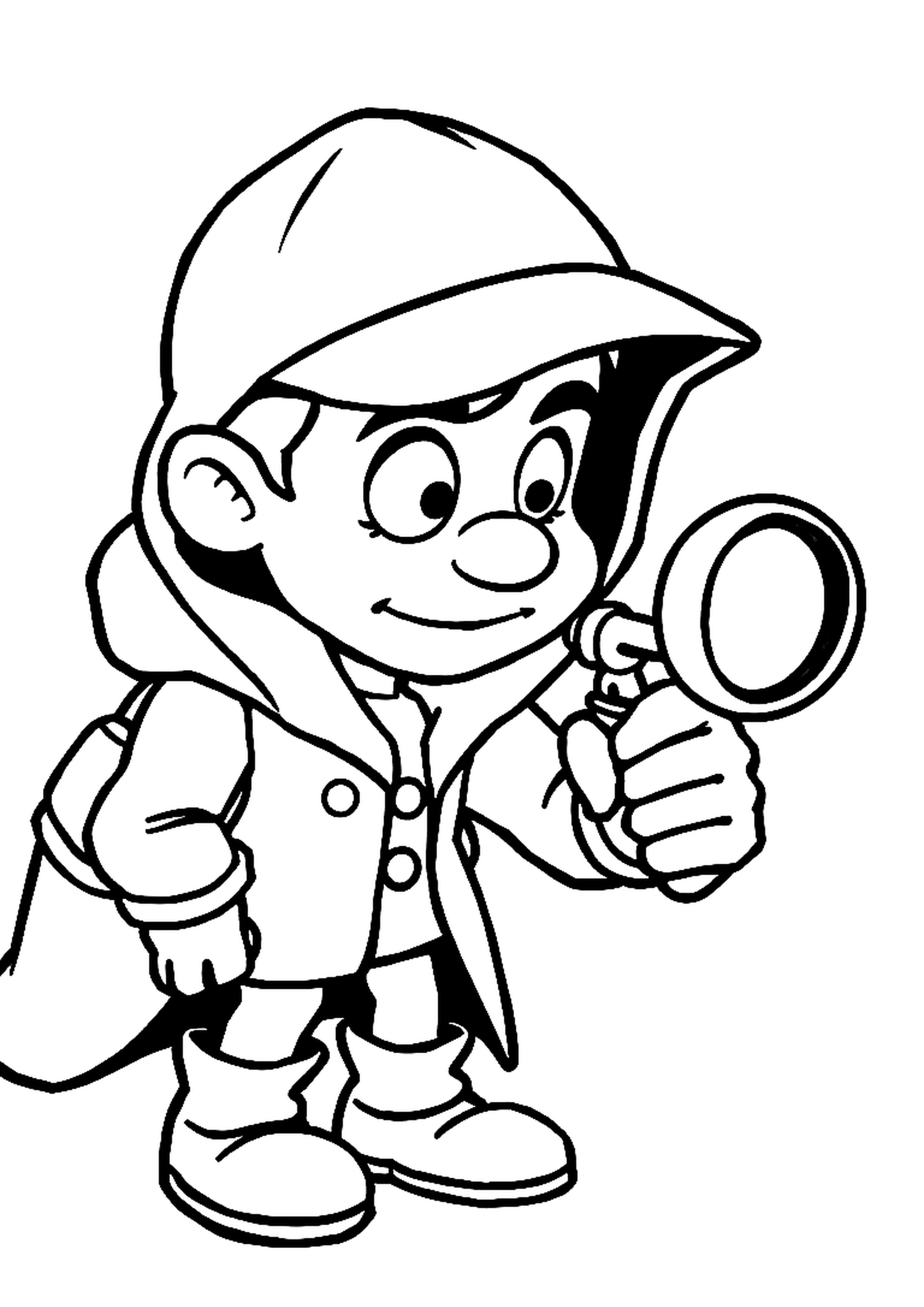 Detective looking through a magnifying glass in a trench coat