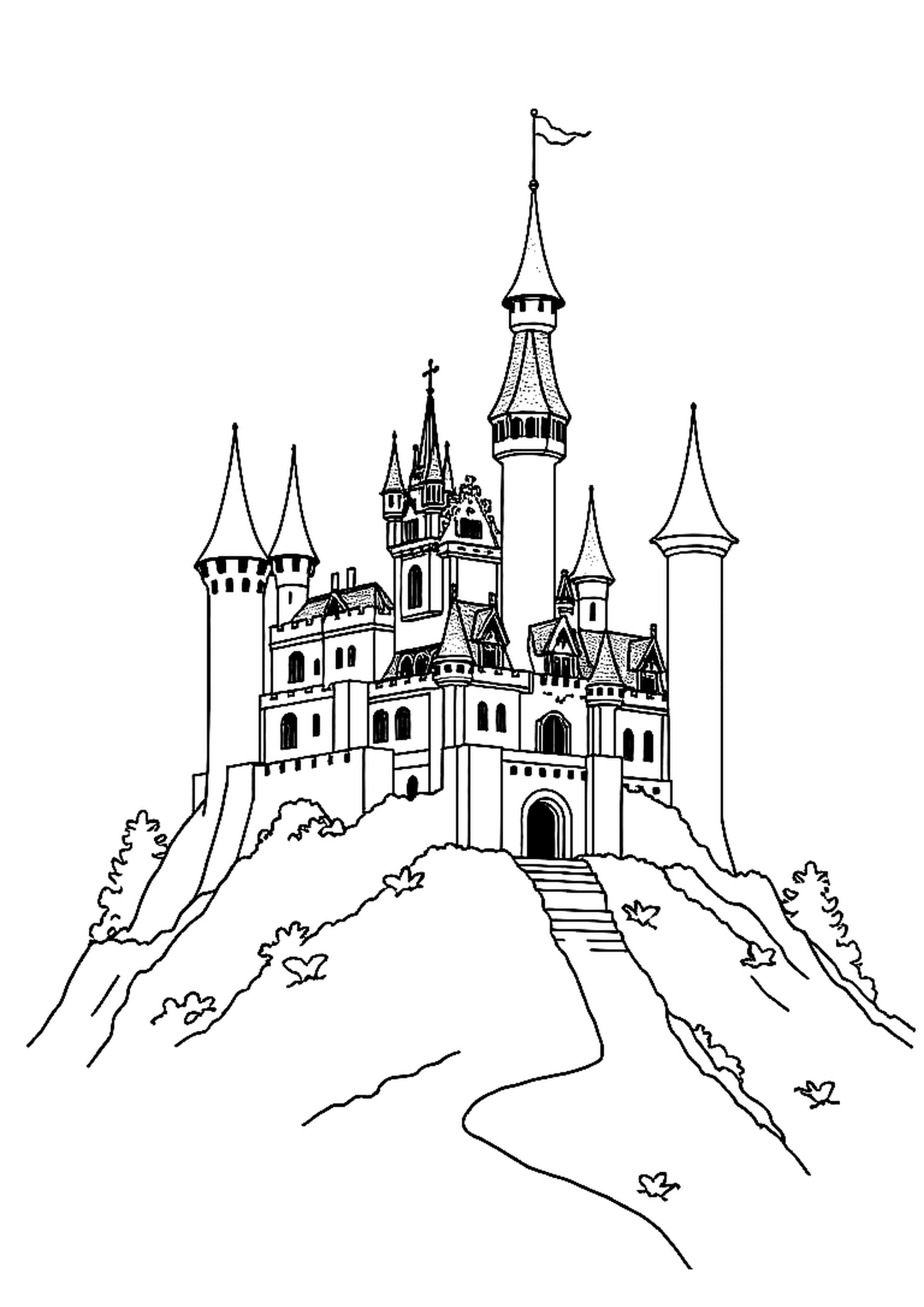 Grand castle with tall towers and waving flags