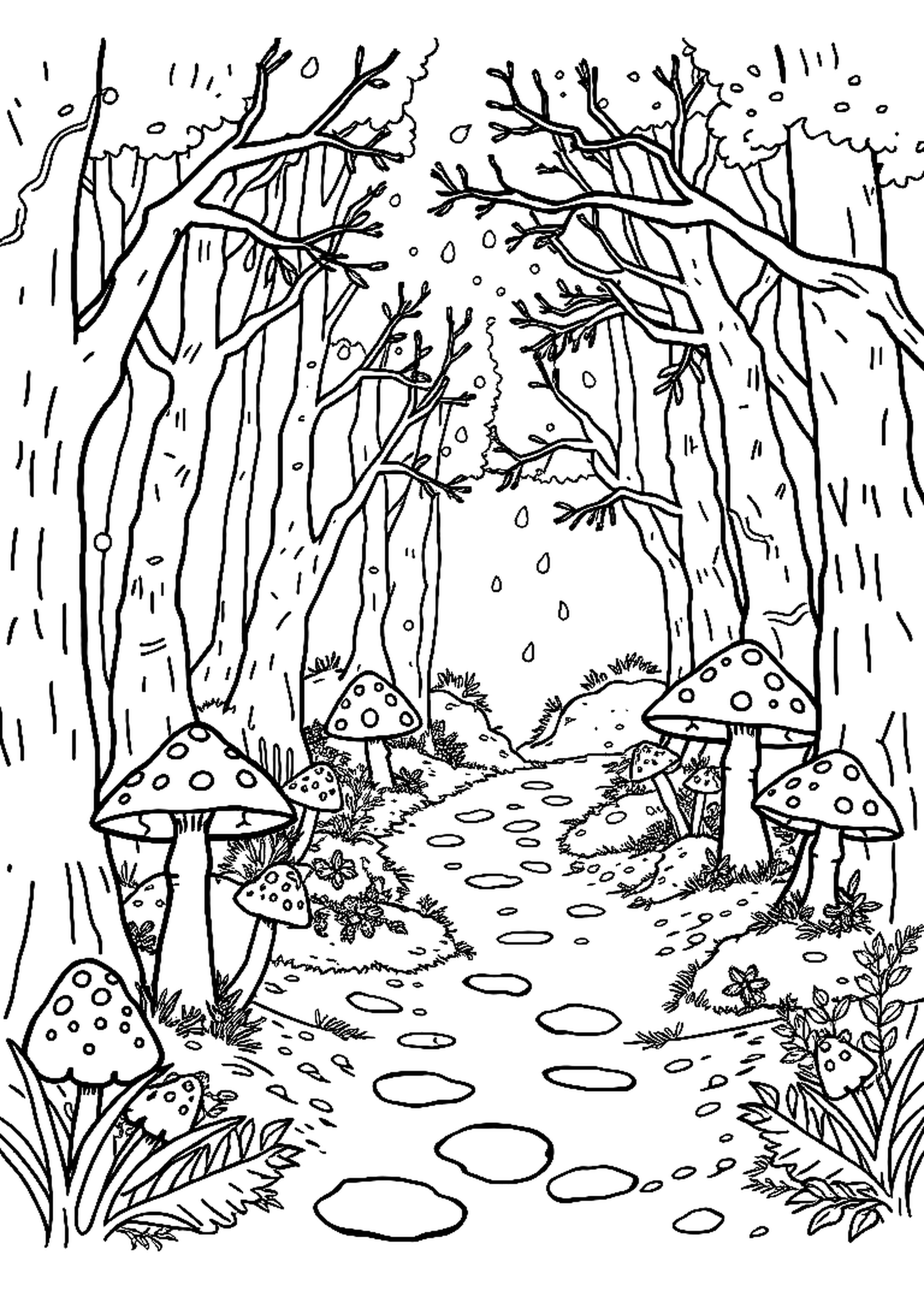 Magical forest with glowing mushrooms and trees with faces