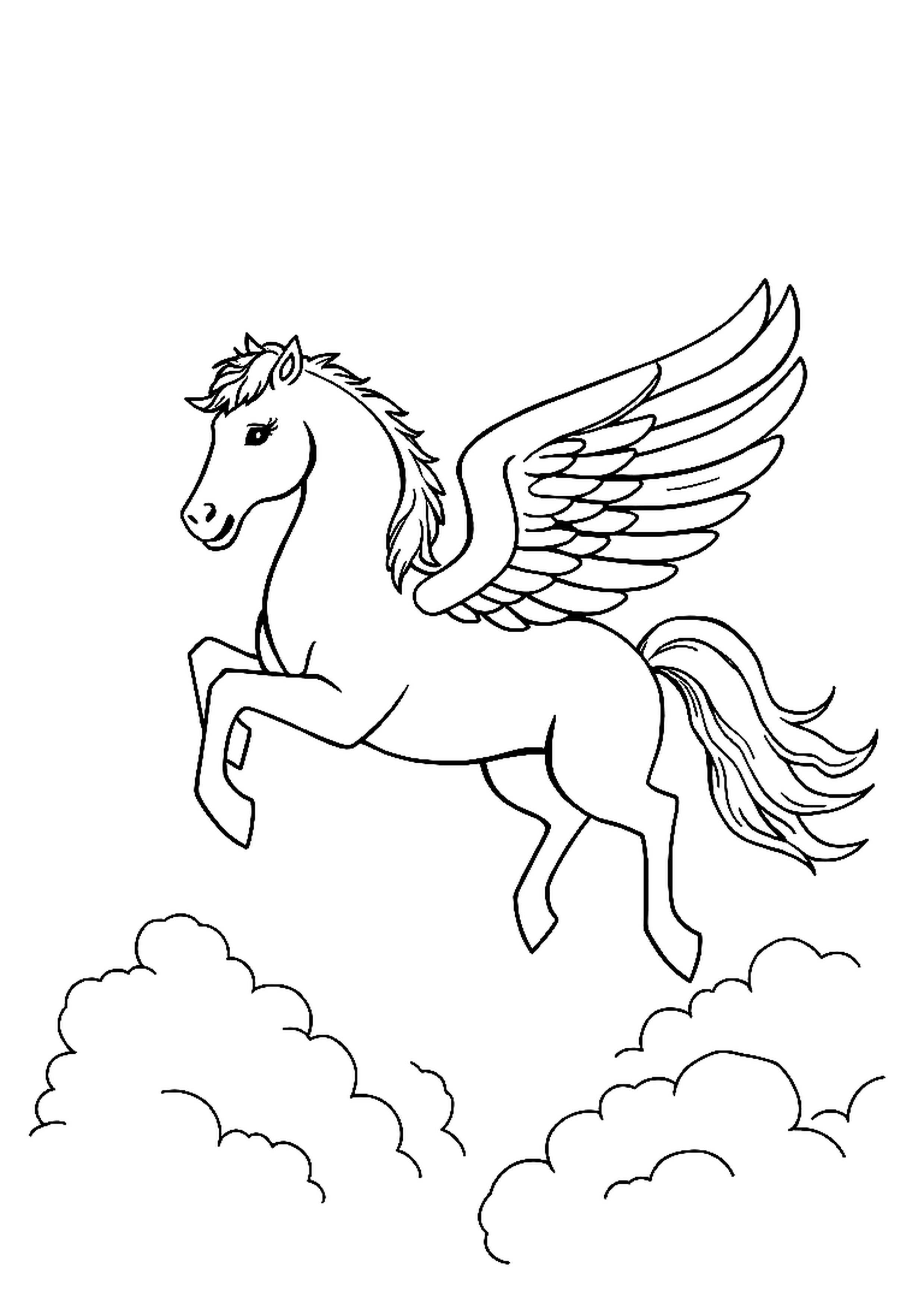 Winged horse soaring through clouds with its mane flowing