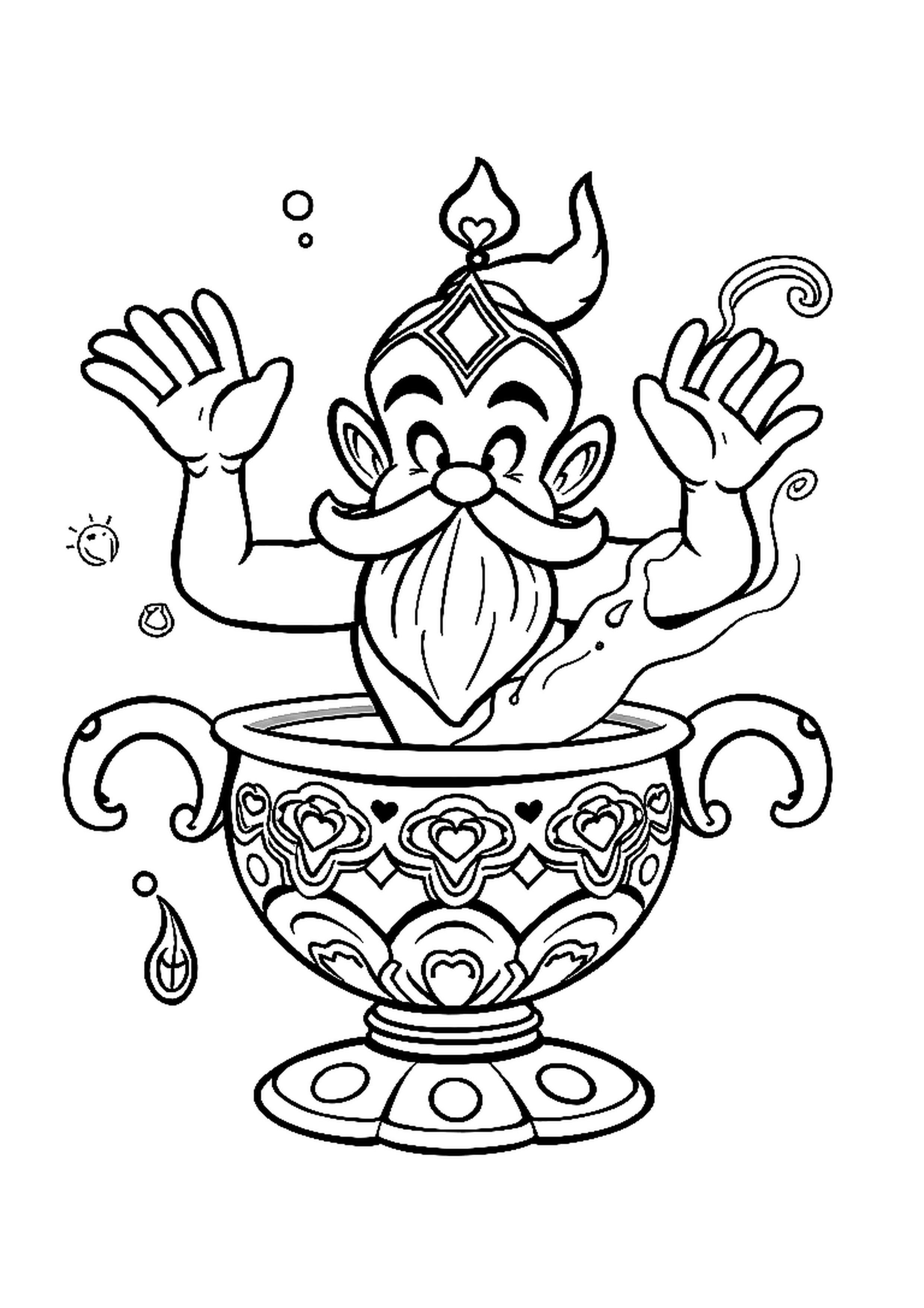 Genie emerging from a golden lamp in a swirl of smoke