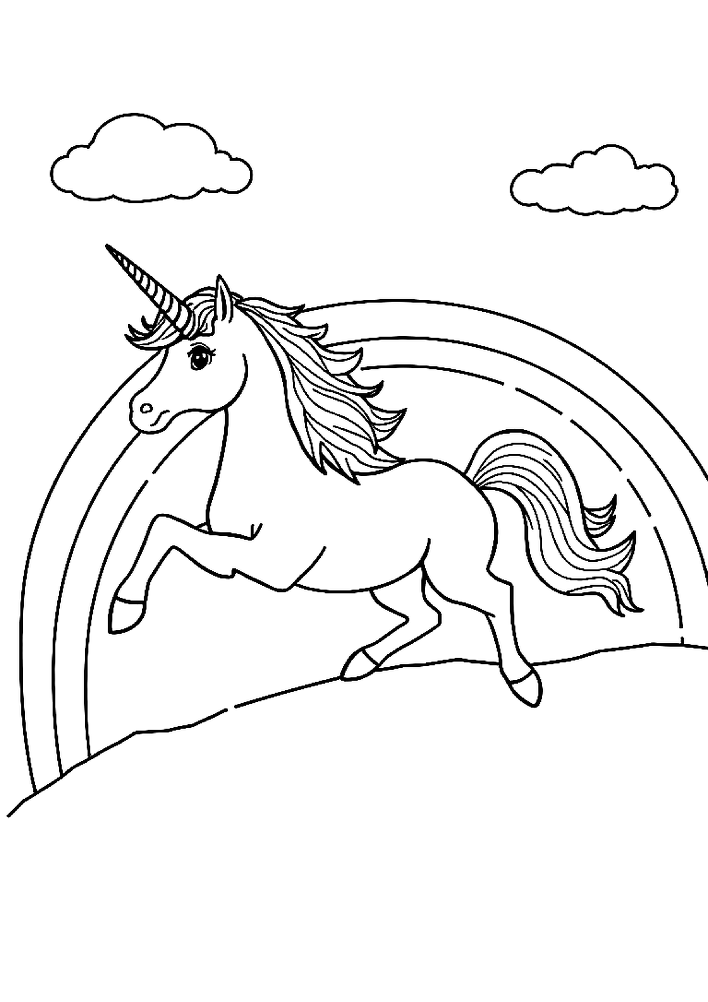 Rainbow-maned unicorn running through a field of flowers