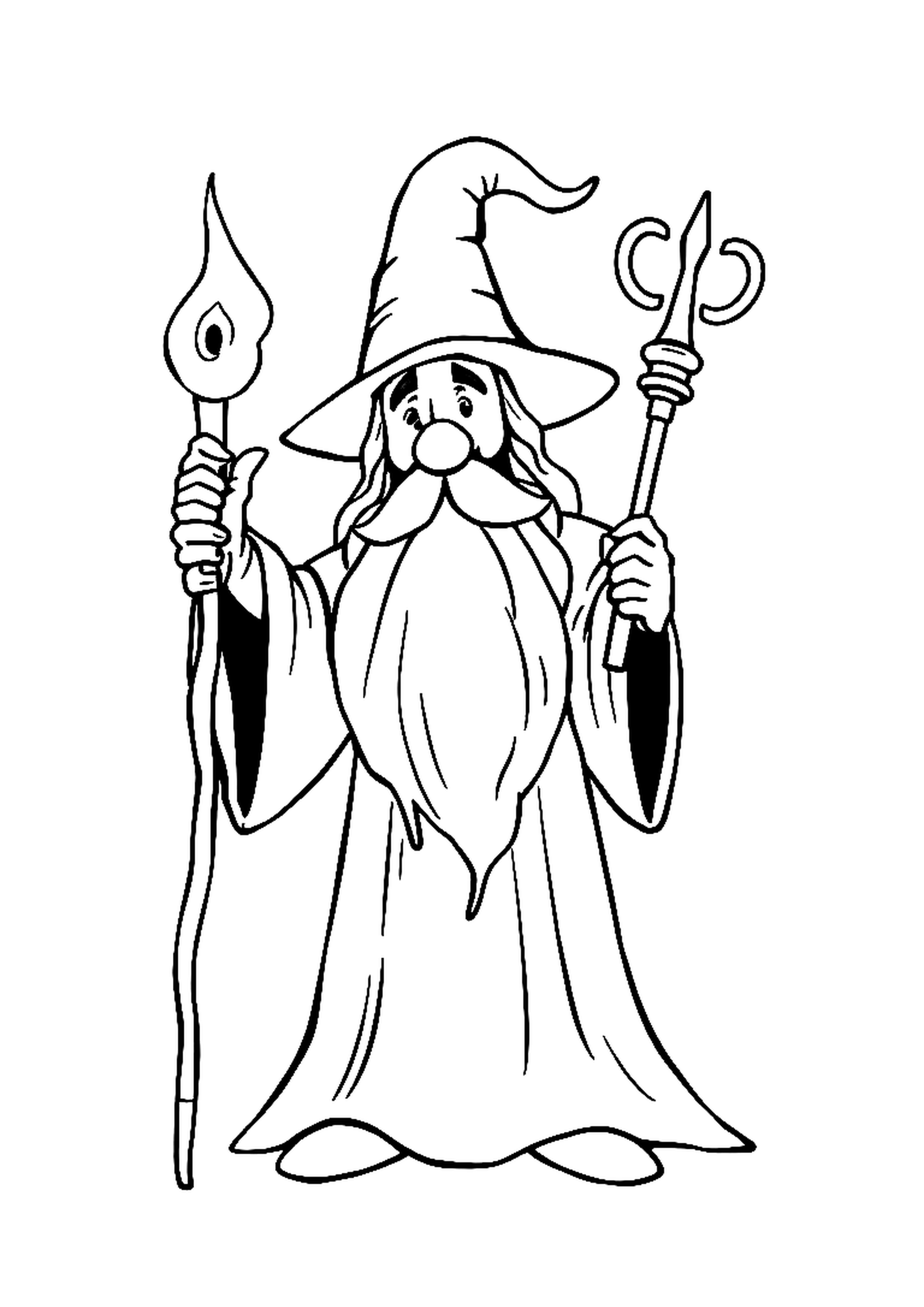 Wizard in a tall hat waving a staff with magical sparks