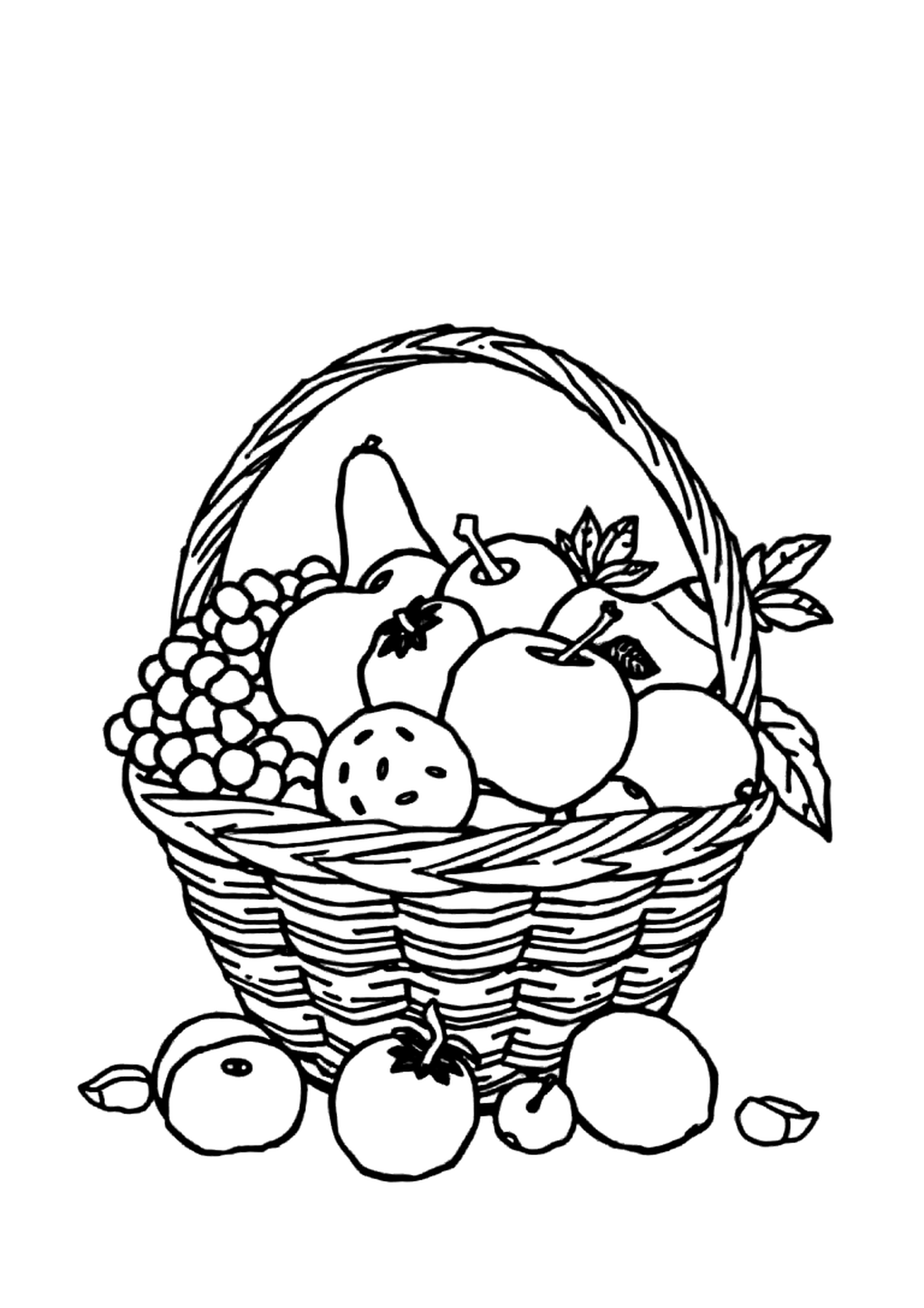 Basket full of apples, bananas, grapes, and oranges