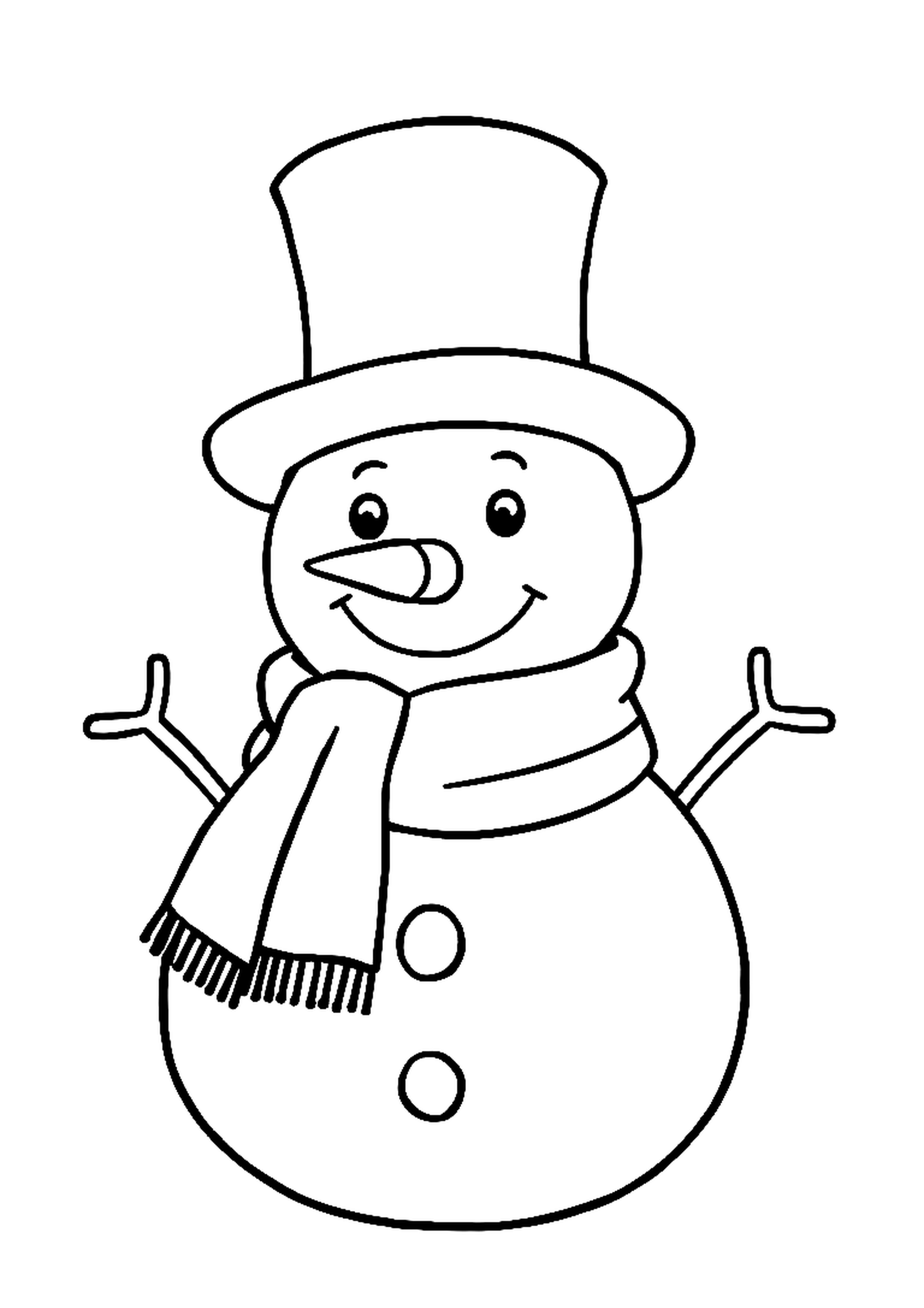 Snowman wearing a scarf and top hat in falling snow