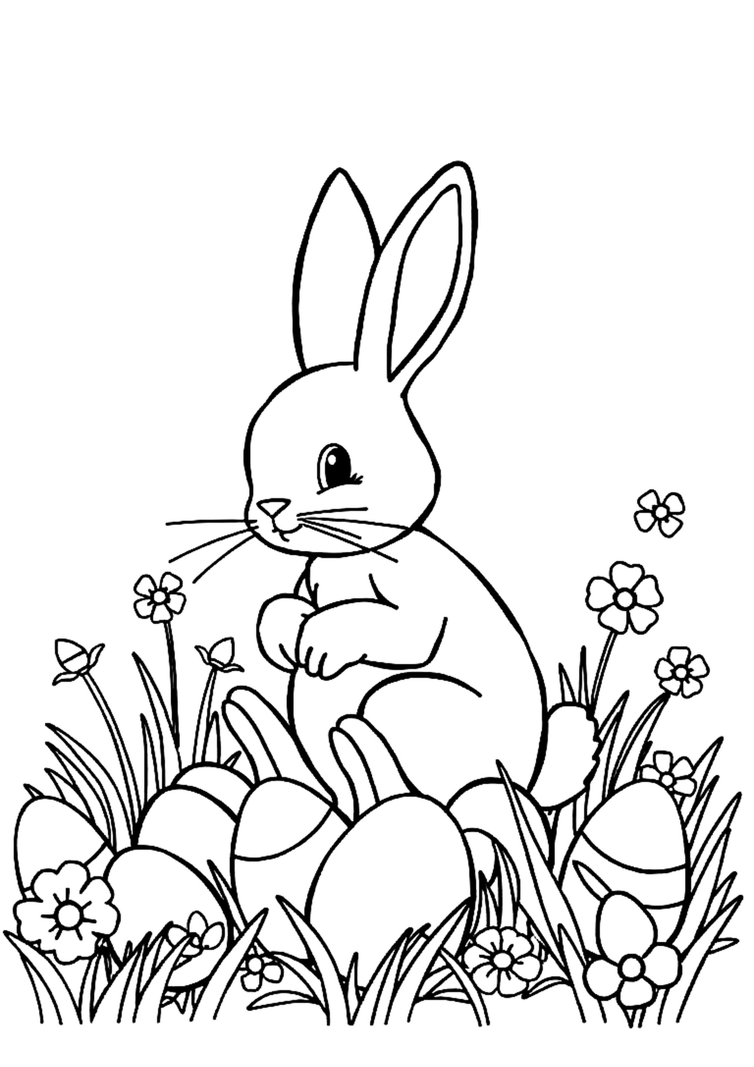 Easter bunny hopping with a basket full of colored eggs