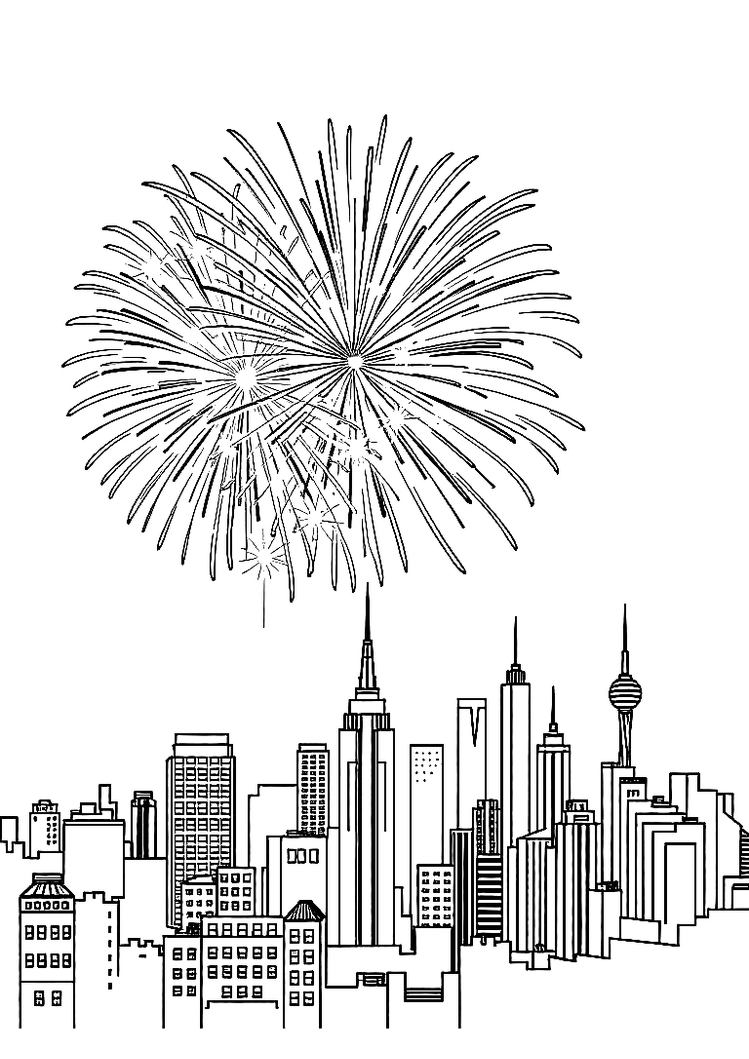 Fireworks bursting in the sky with stars and stripes