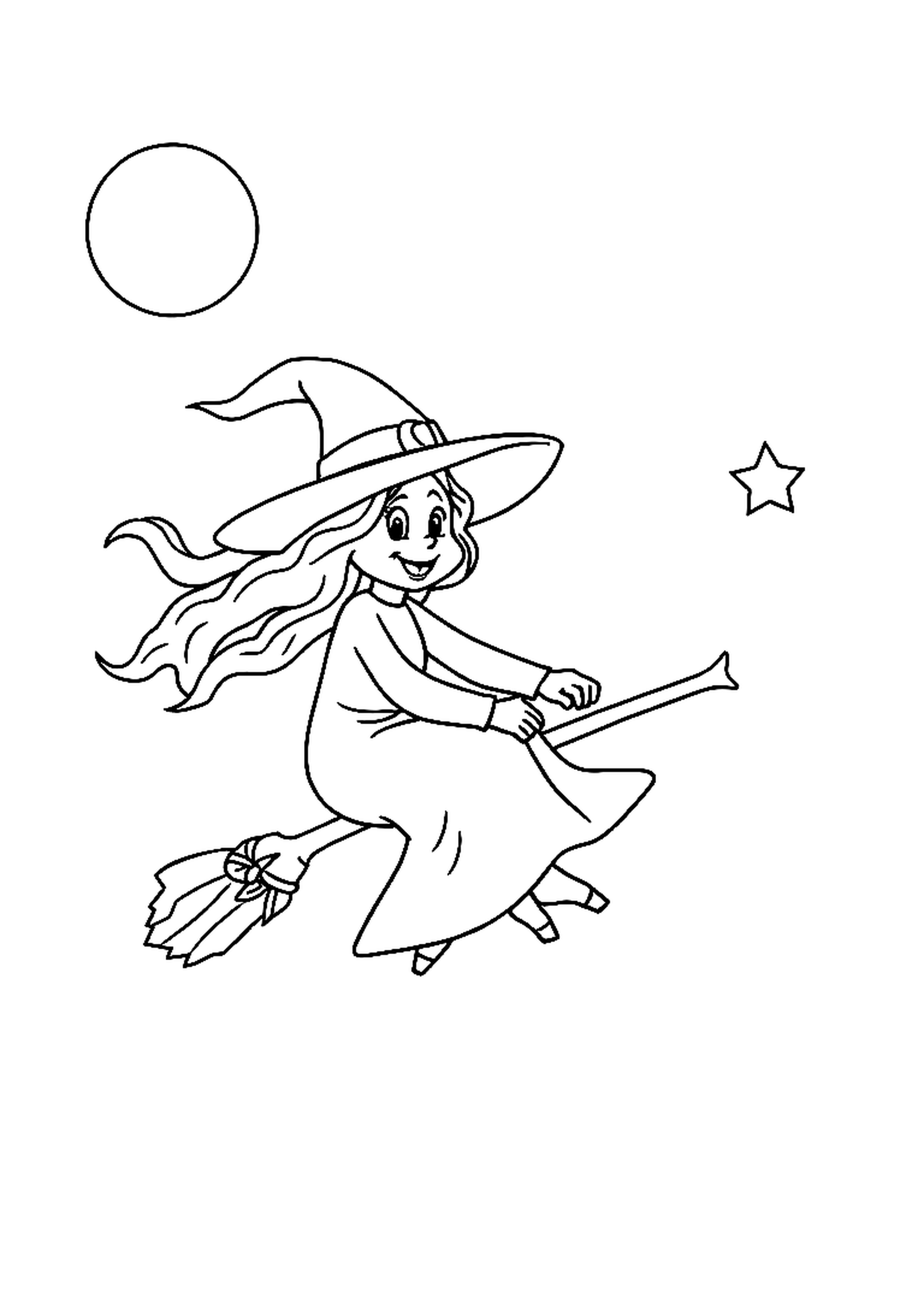 Friendly witch flying on a broomstick across the moon