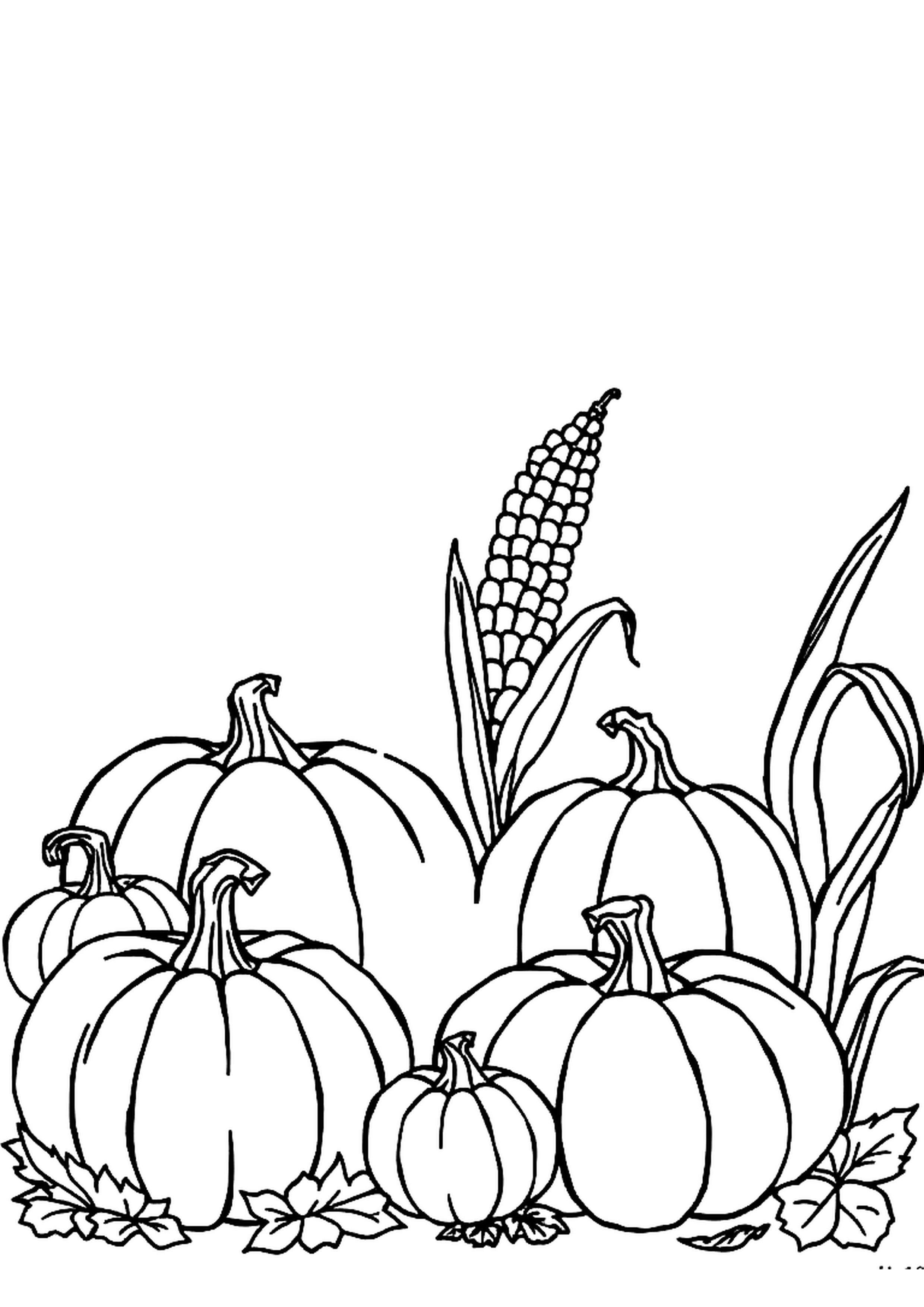 Autumn harvest scene with pumpkins, corn, and apples