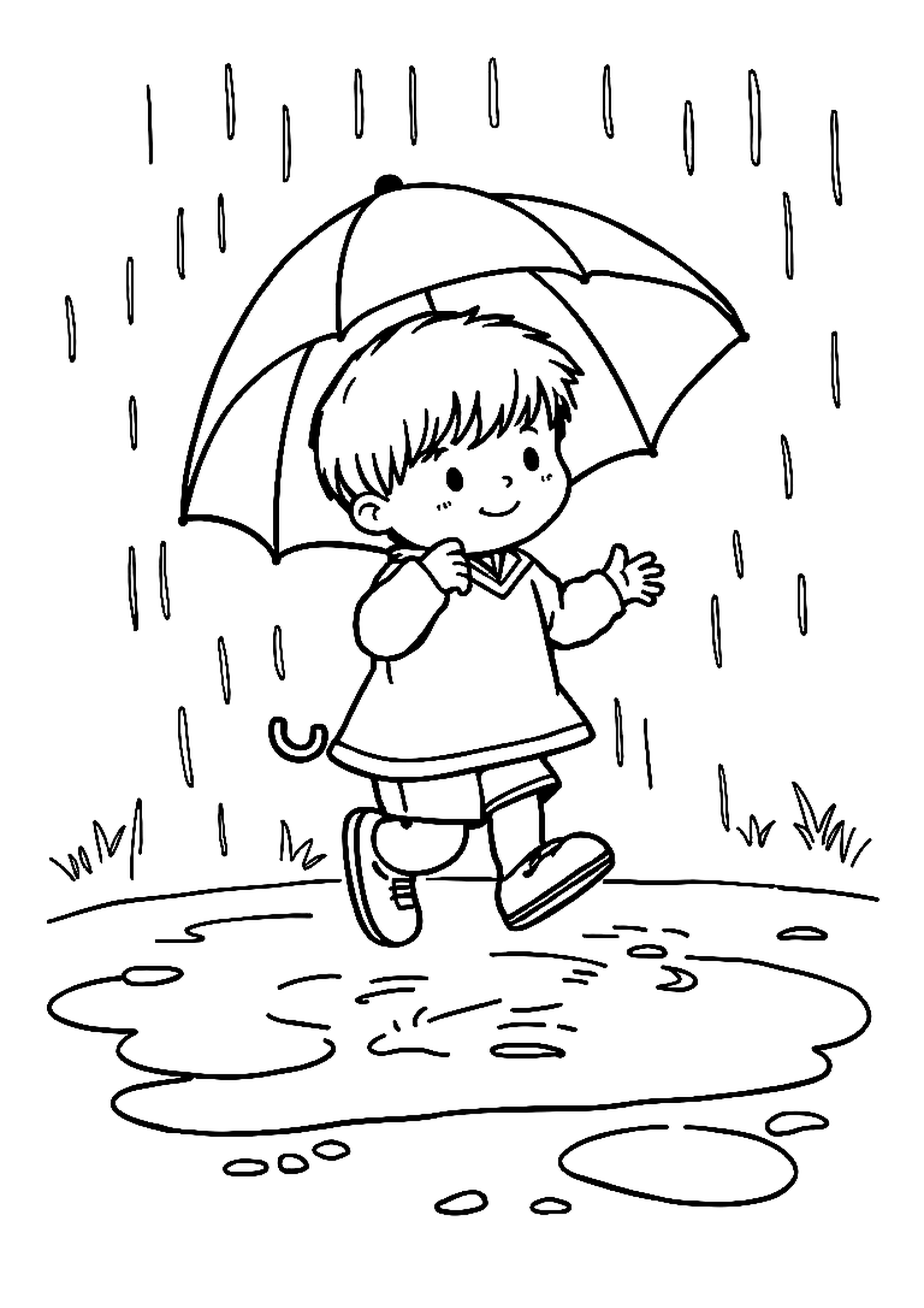 Child holding an umbrella and splashing in rain puddles