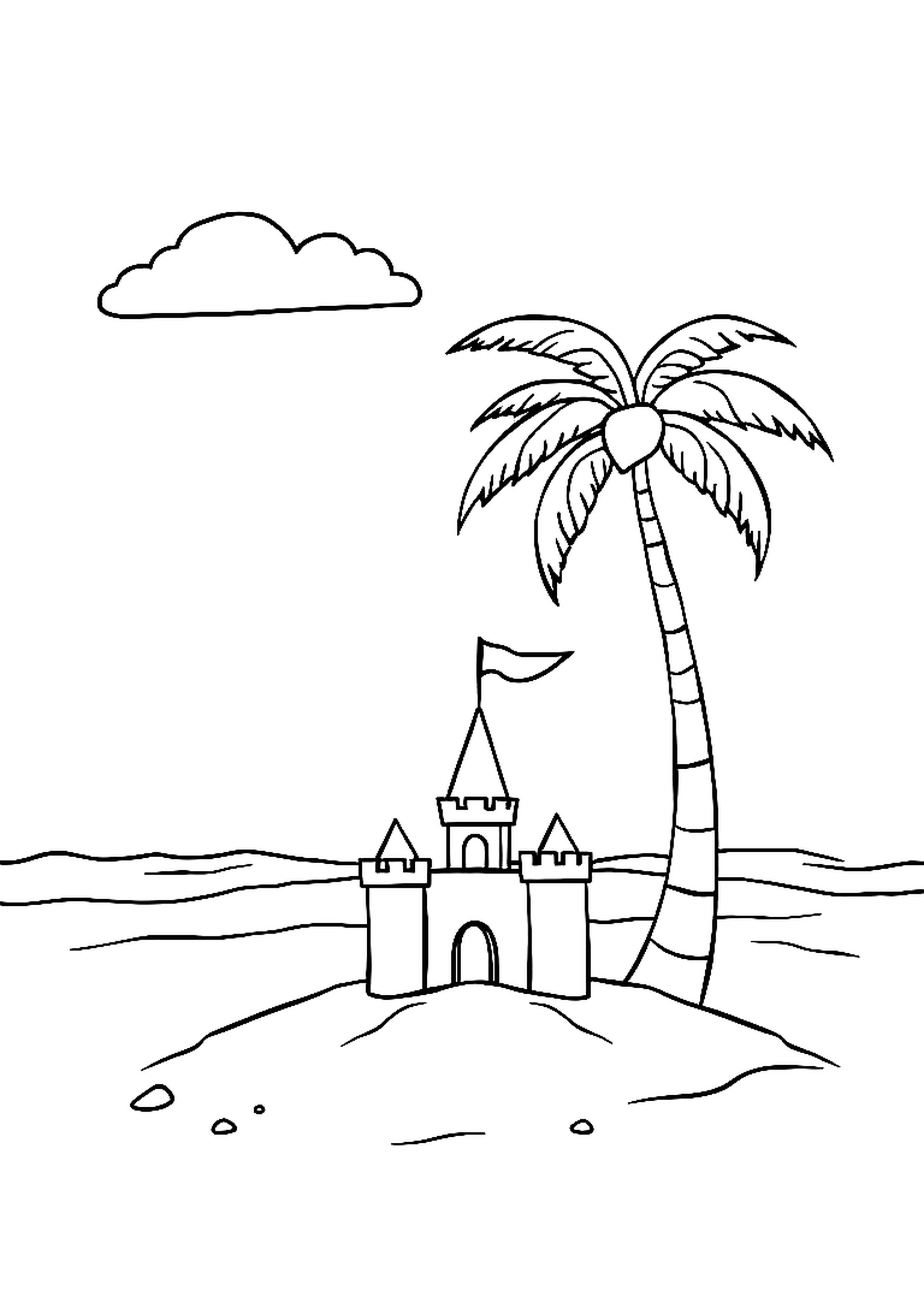 Summer beach scene with a sandcastle, waves, and bright sun