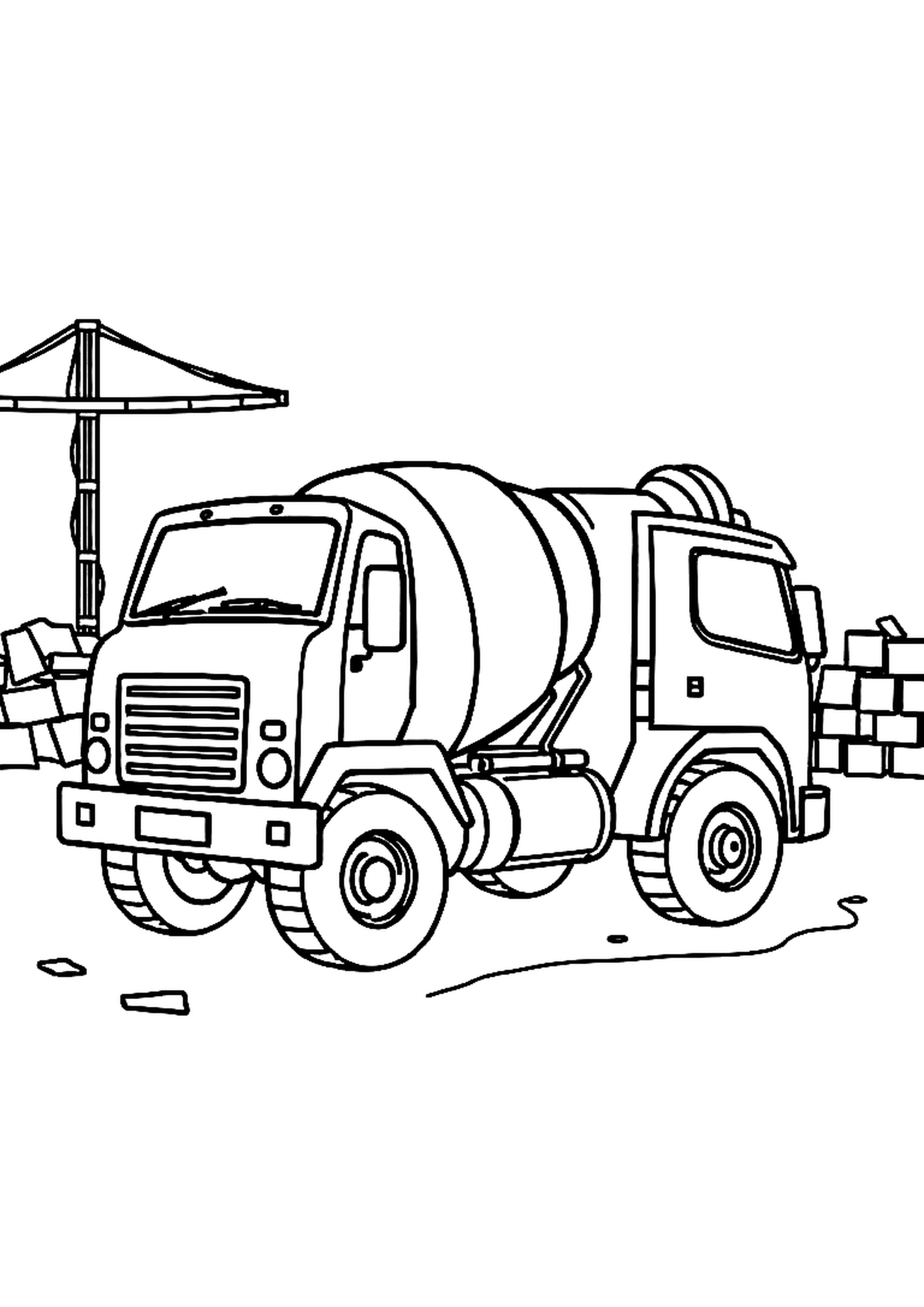Cement mixer truck with spinning drum on a construction site