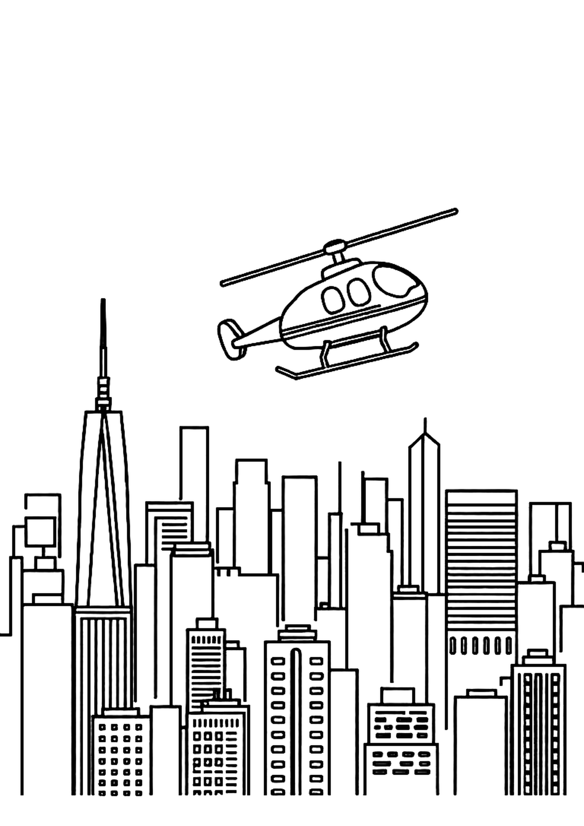 Helicopter flying with spinning rotor blades in the sky