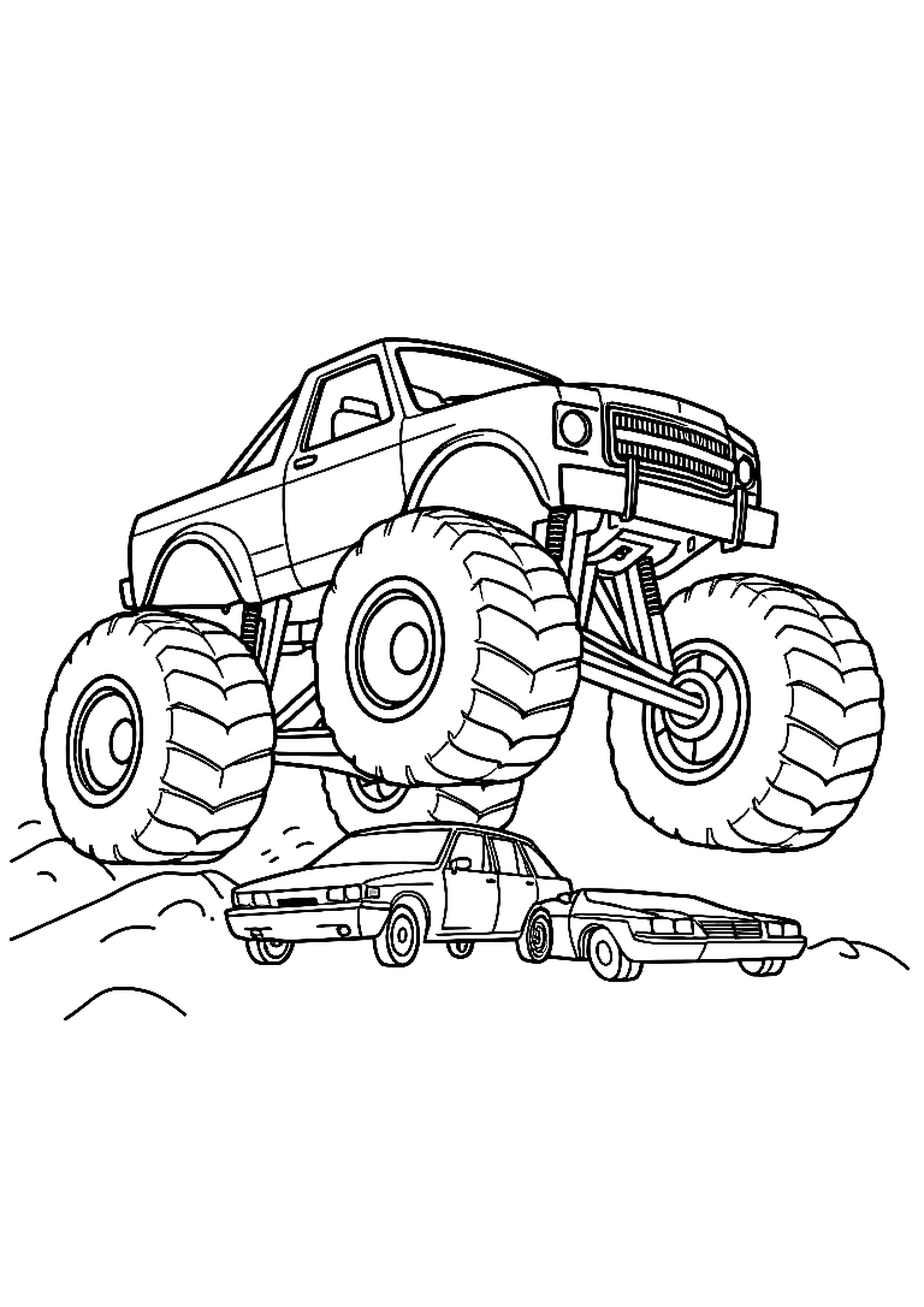Monster truck with giant wheels jumping over a dirt ramp