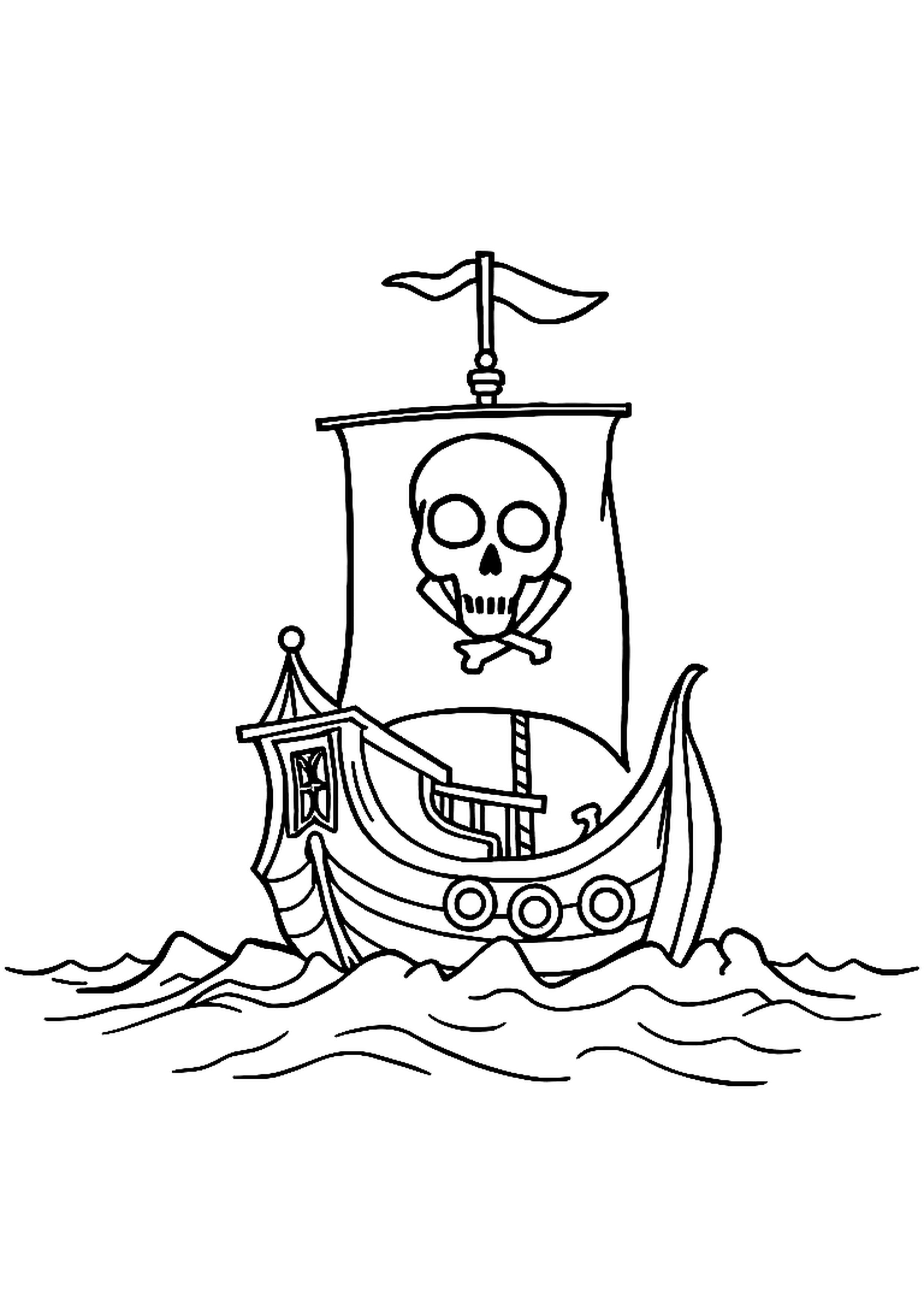 Pirate ship with a skull-and-crossbones flag on the sea