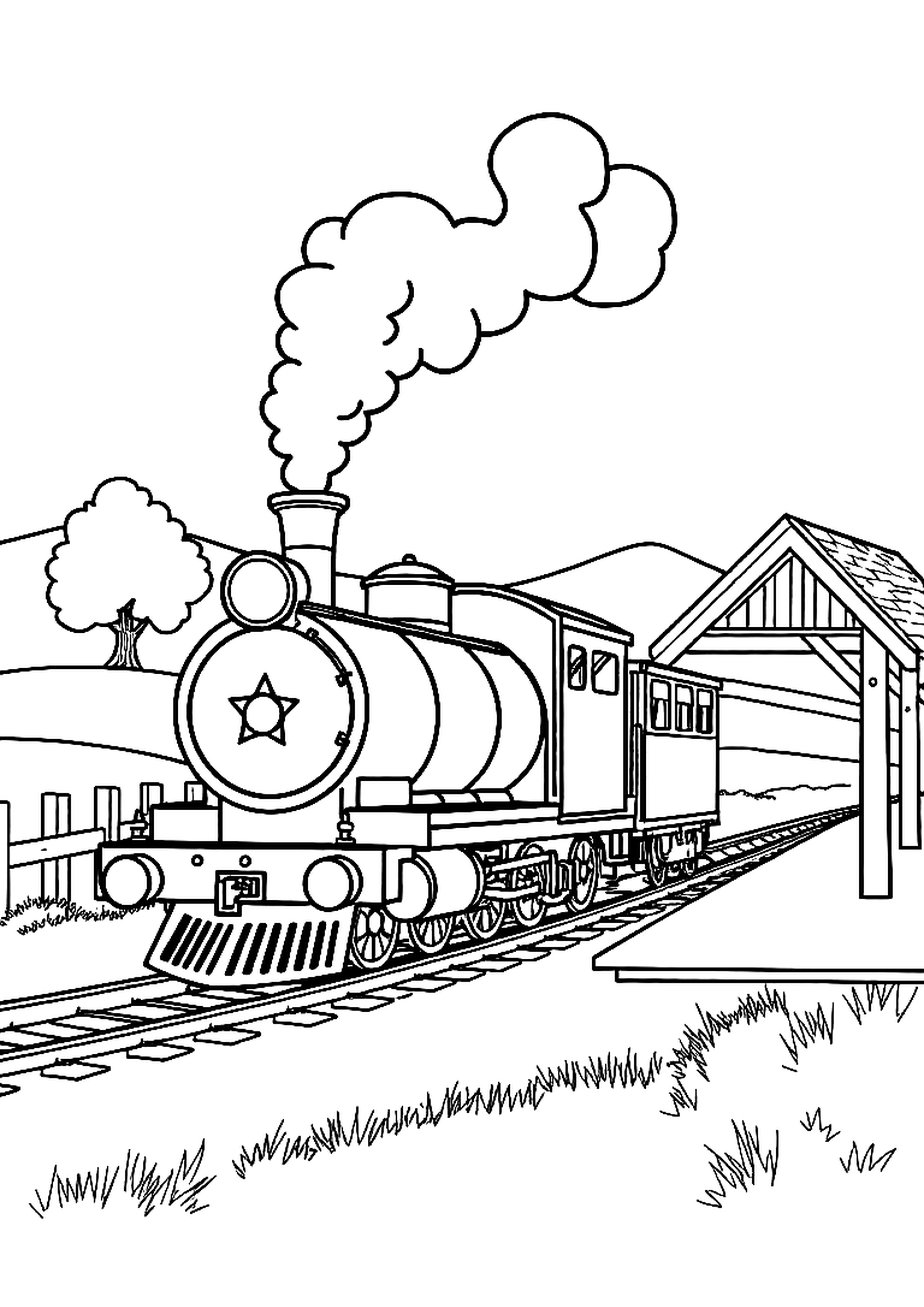 Steam train at a station with smoke rising from its stack
